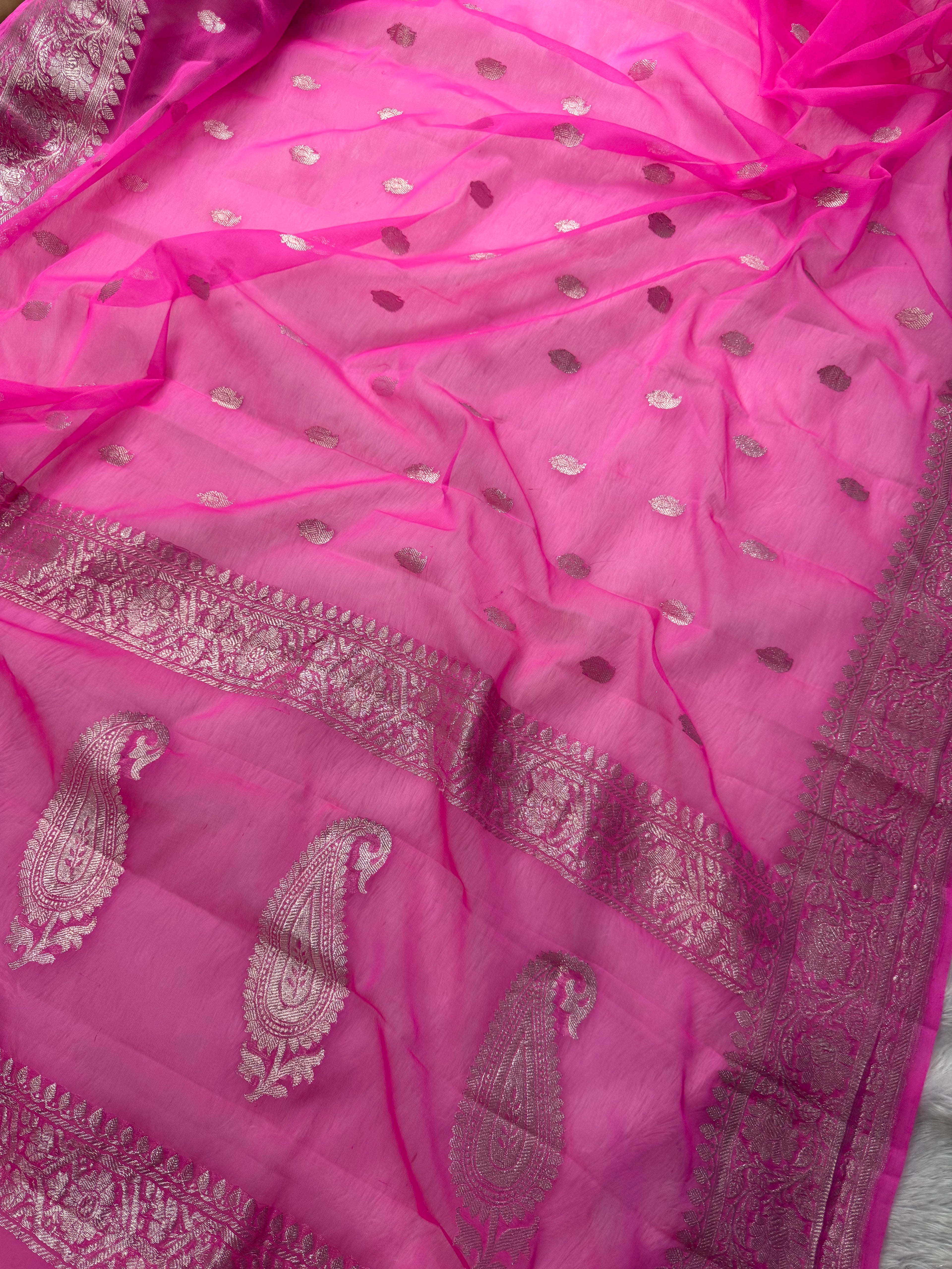 Fuchsia Pink Pure Khaddi Chiffon Silk Banarasi Saree