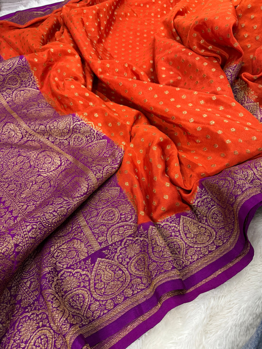 Rust Orange & Jamuni Pure Khaddi Crep Silk Banarasi Saree