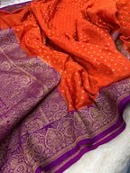 Rust Orange & Jamuni Pure Khaddi Crep Silk Banarasi Saree