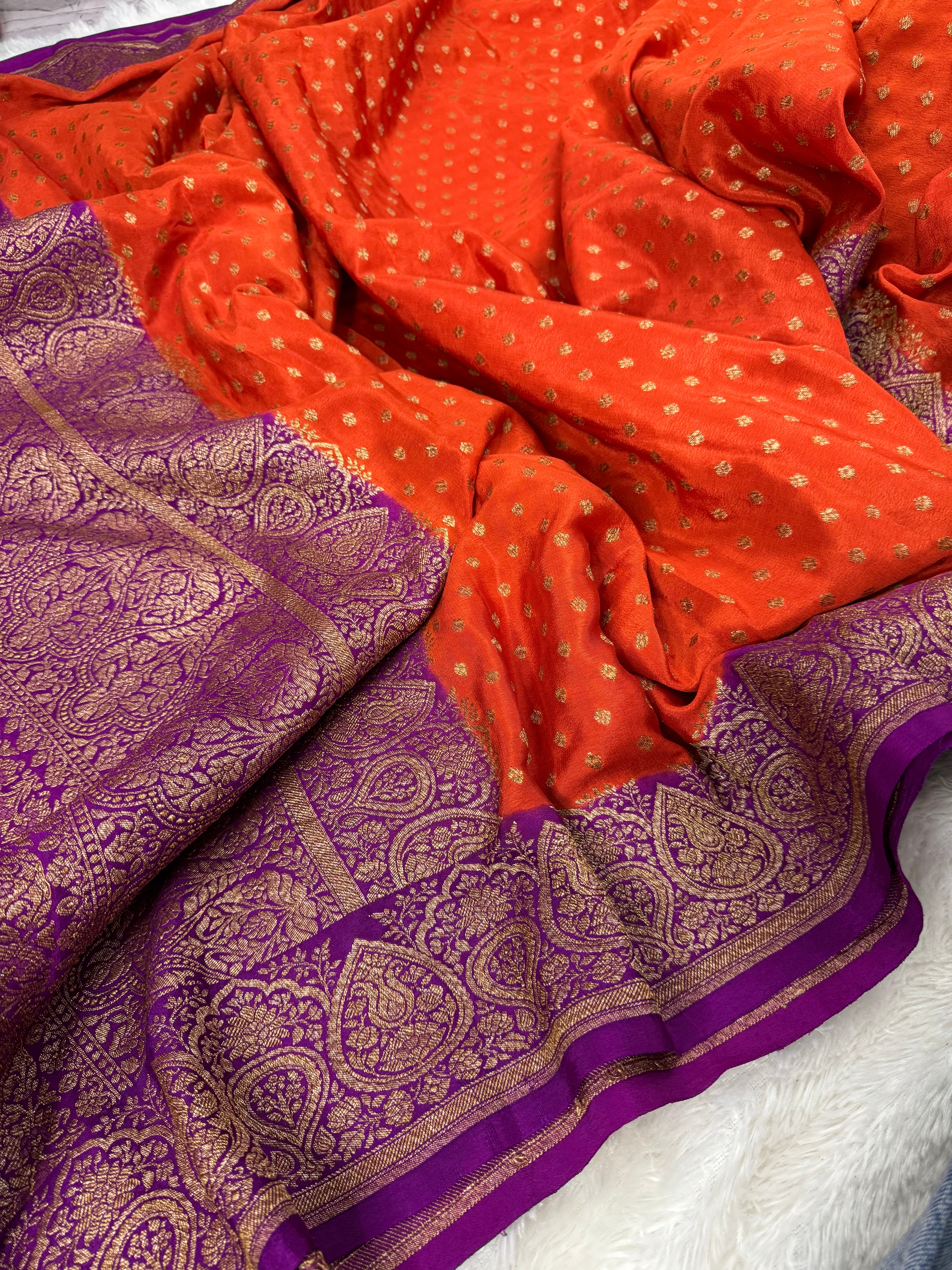 Rust Orange & Jamuni Pure Khaddi Crep Silk Banarasi Saree