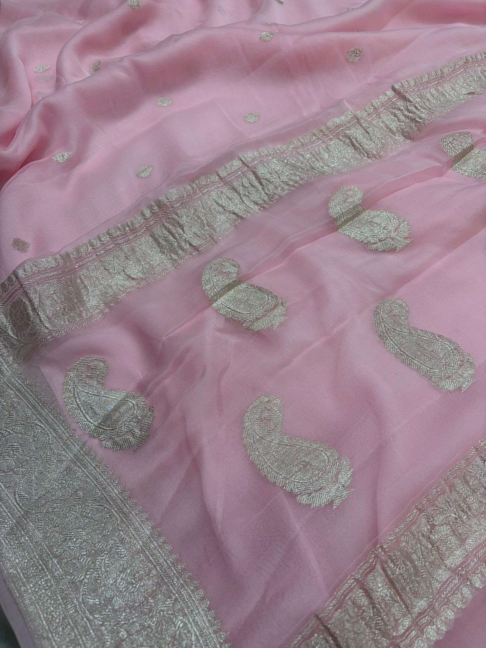Baby Pink Pure Khaddi Chiffon Silk Banarasi Saree