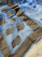 Powder Blue Pure khaddi Chiffon Silk Banarasi Saree