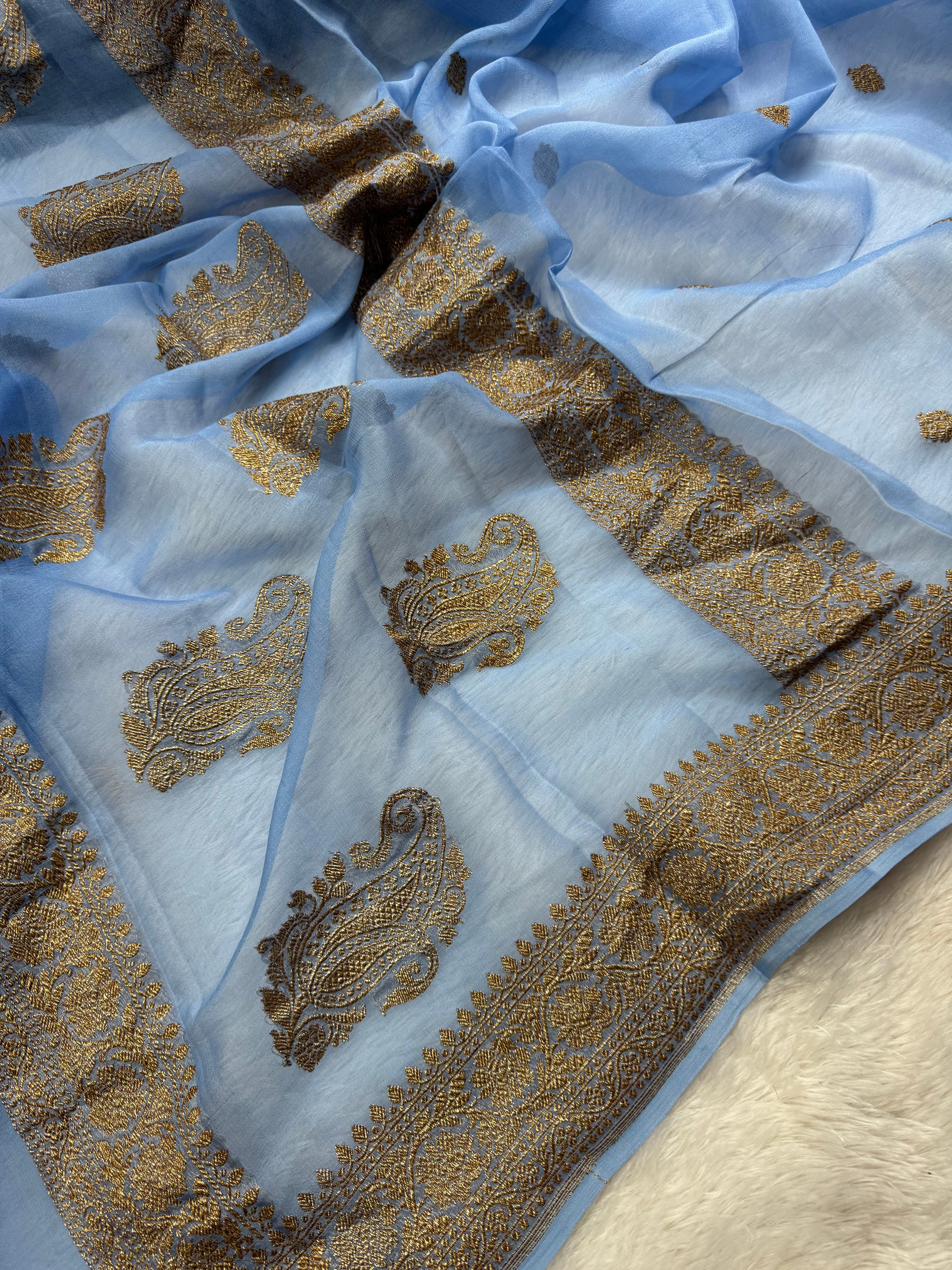 Powder Blue Pure khaddi Chiffon Silk Banarasi Saree