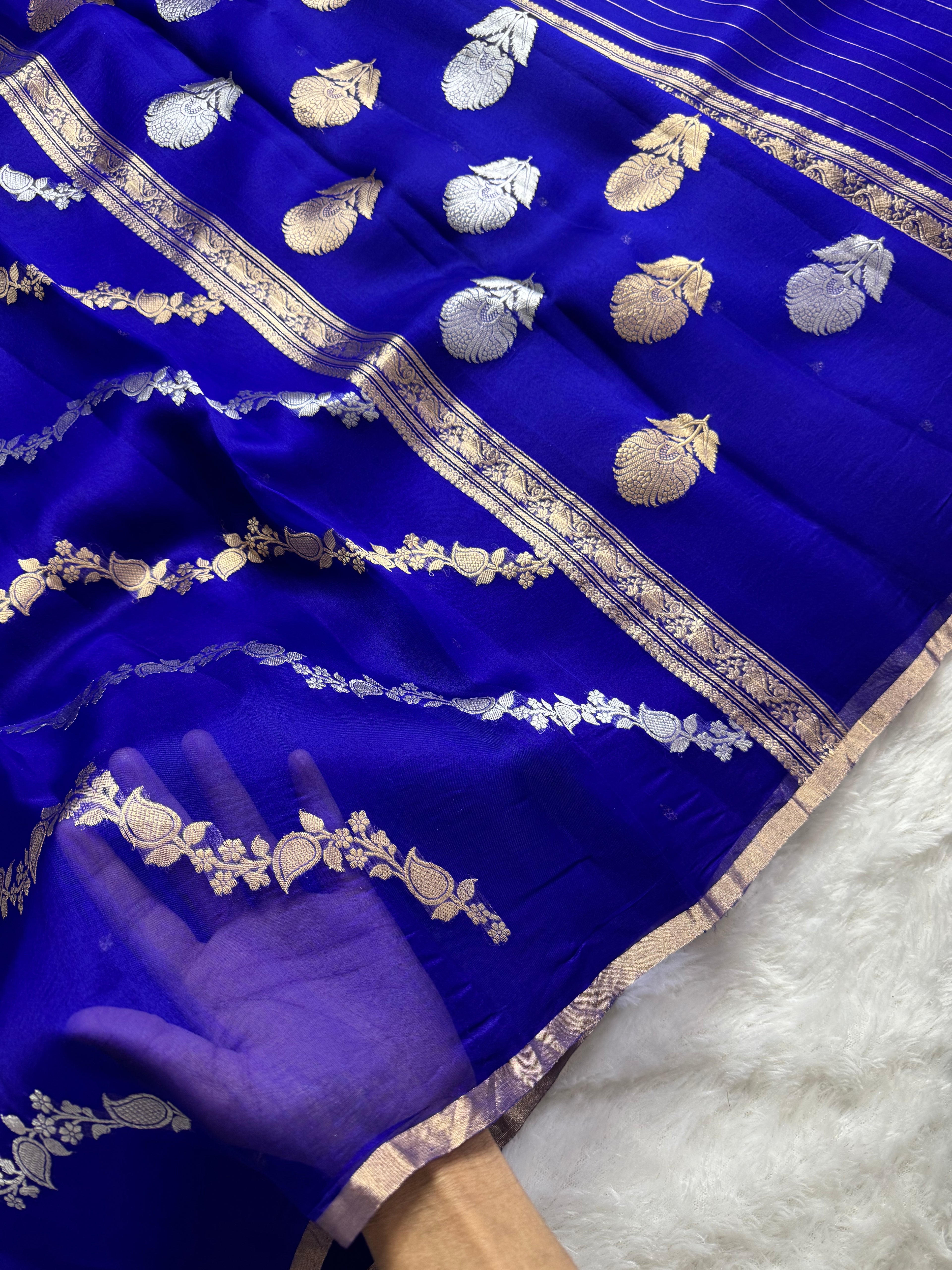 Royal Blue Stripe Sona & Roopa Pure Kora Organza Silk Banarasi Saree