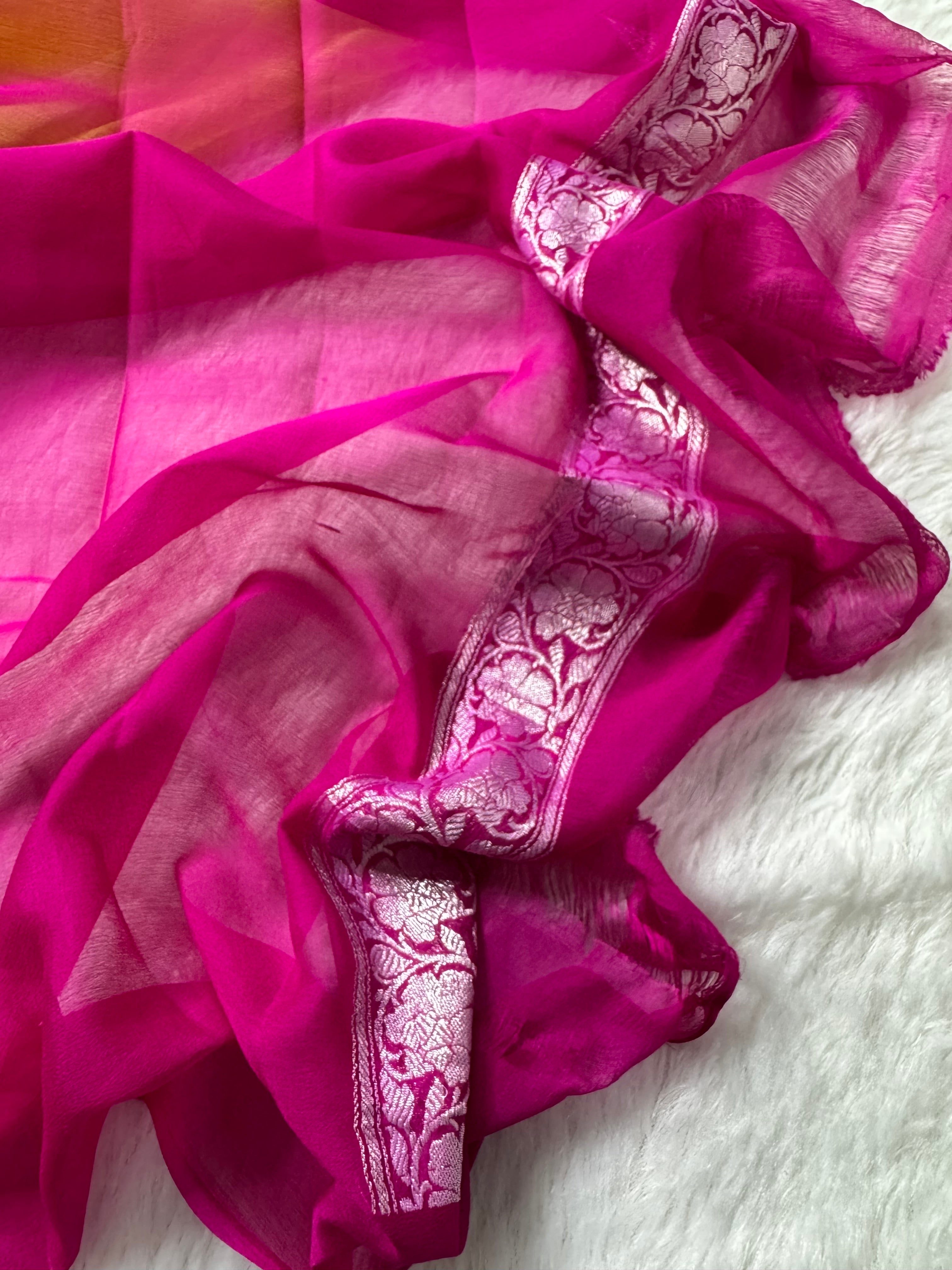 Yellow & Rani Pink Pure Khaddi Chiffon Silk Banarasi Saree