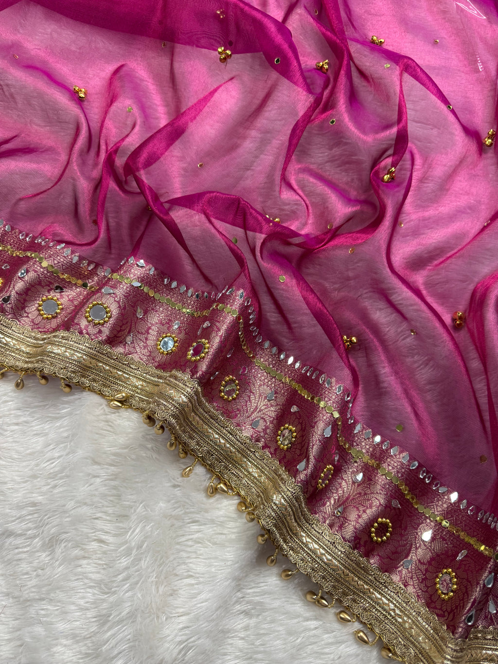 Rani Tissue Silk Saree With Ghungroo & Mirror Work Designer Border Lace Saree