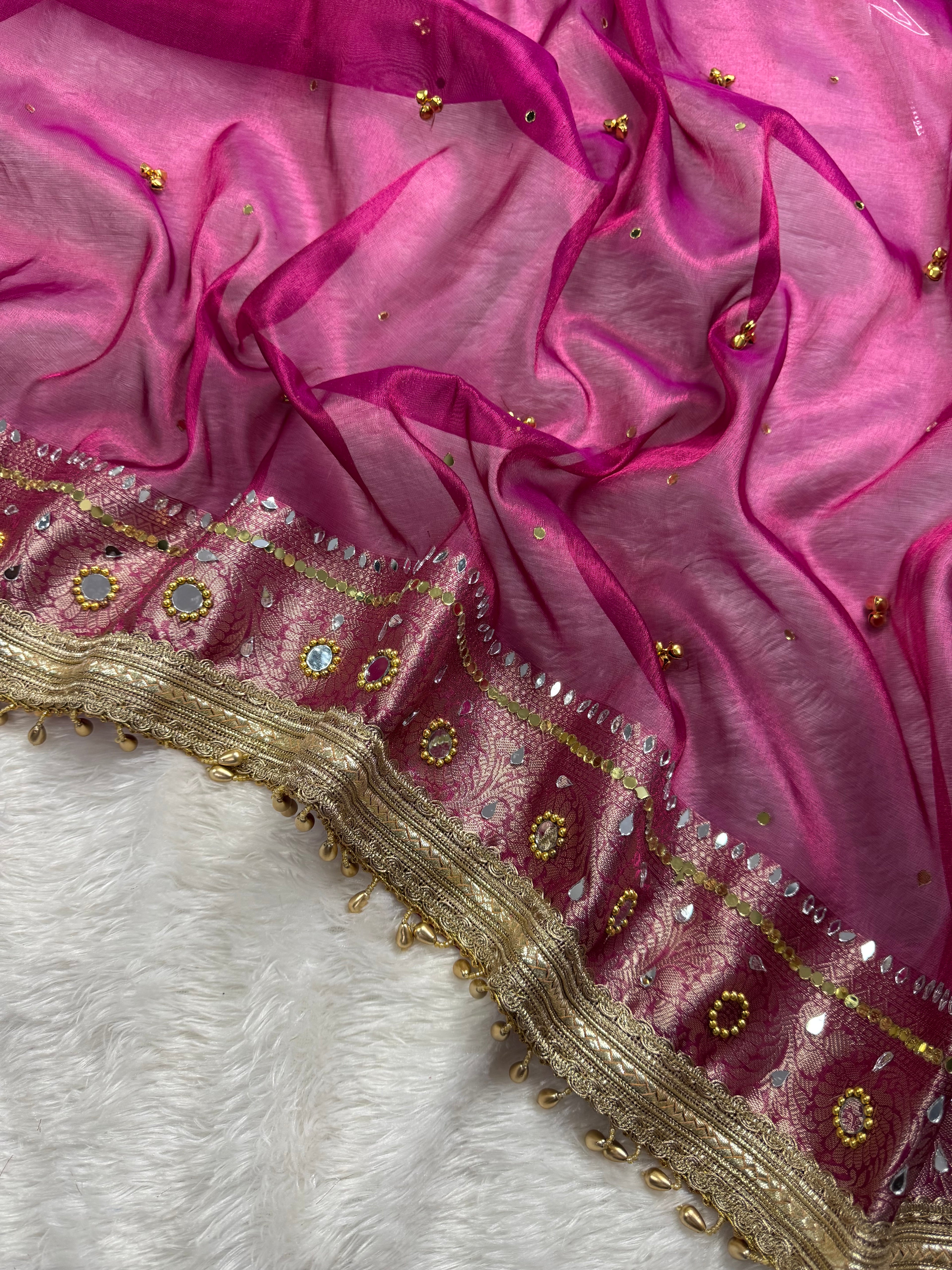 Rani Tissue Silk Saree With Ghungroo & Mirror Work Designer Border Lace Saree