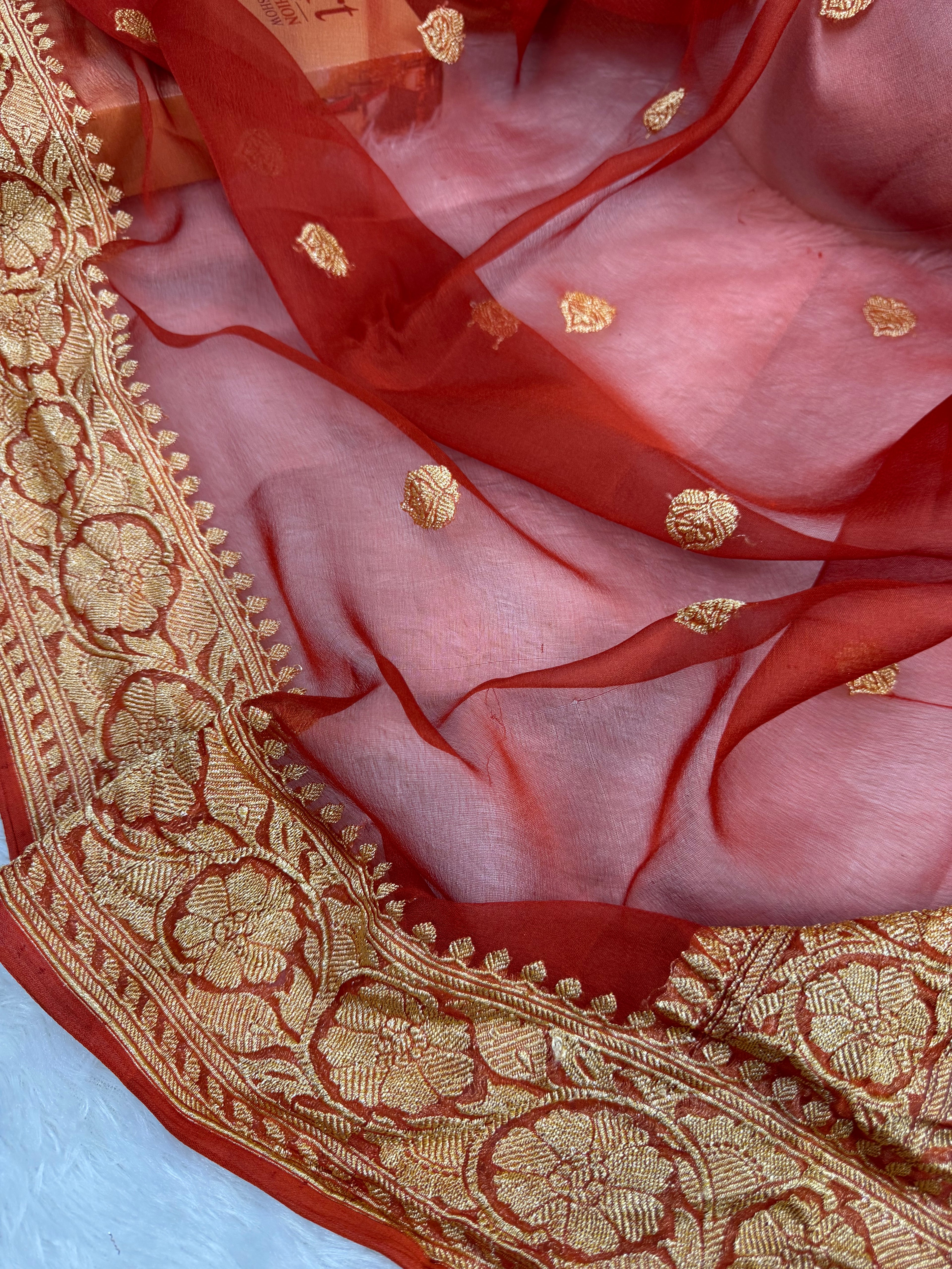 Rust Pure Khaddi Chiffon Silk Banarasi Saree