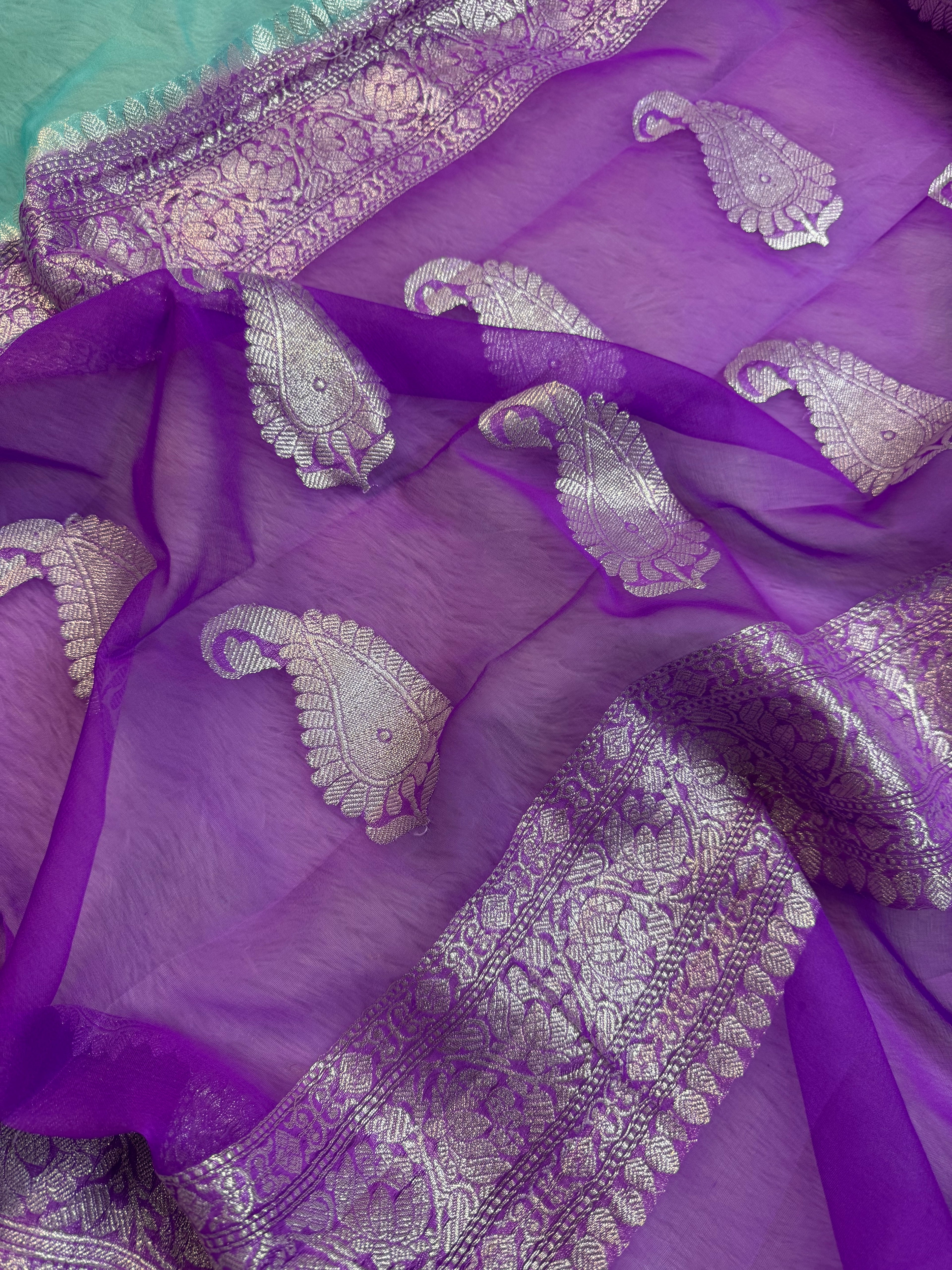 Sky & lavenders Pure Khaddi Chiffon Silk Banarasi Saree