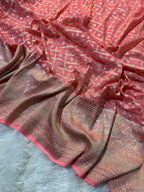Peach Pure Khaddi Georgette Silk Banarasi Saree
