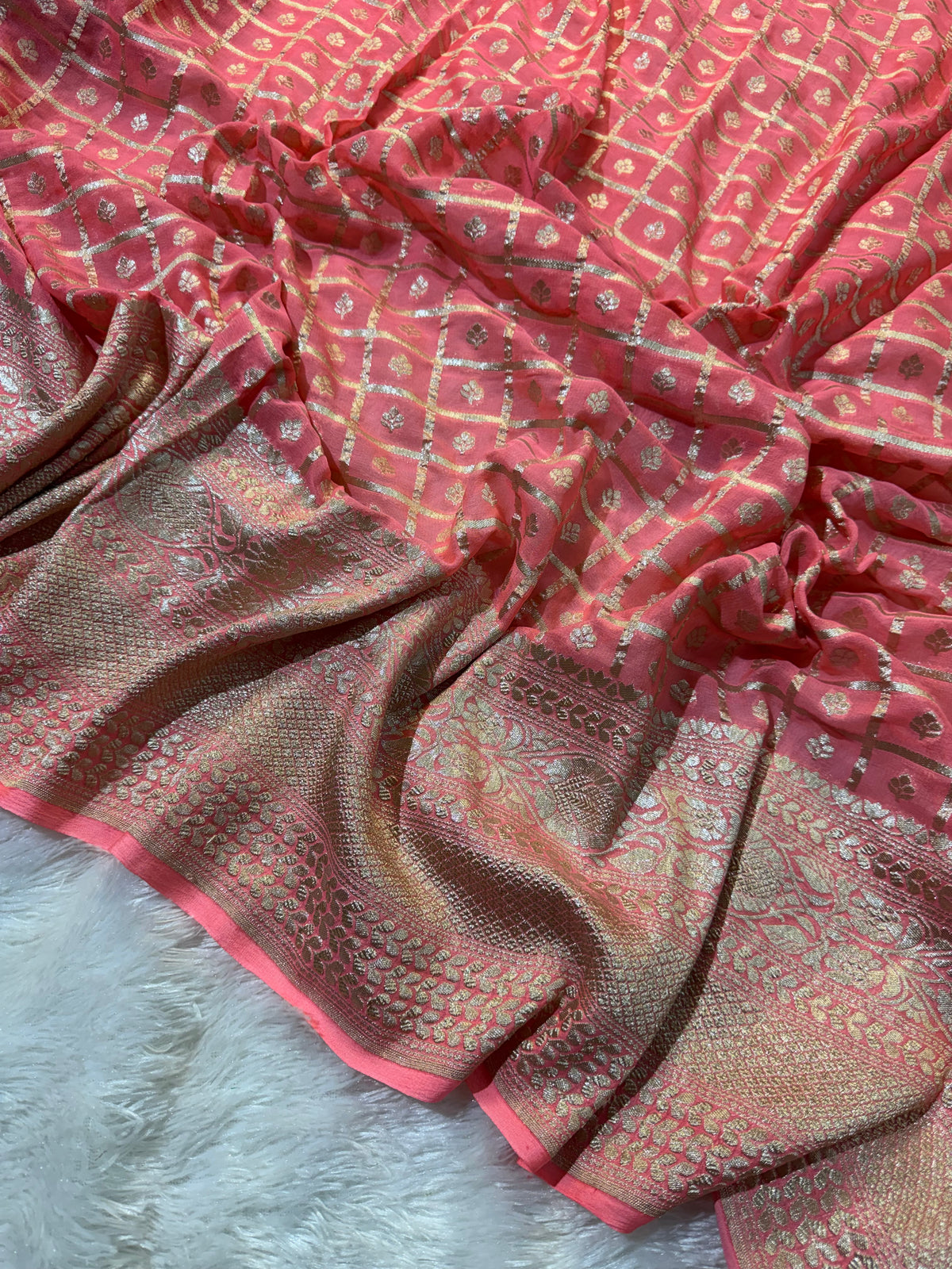 Peach Pure Khaddi Georgette Silk Banarasi Saree