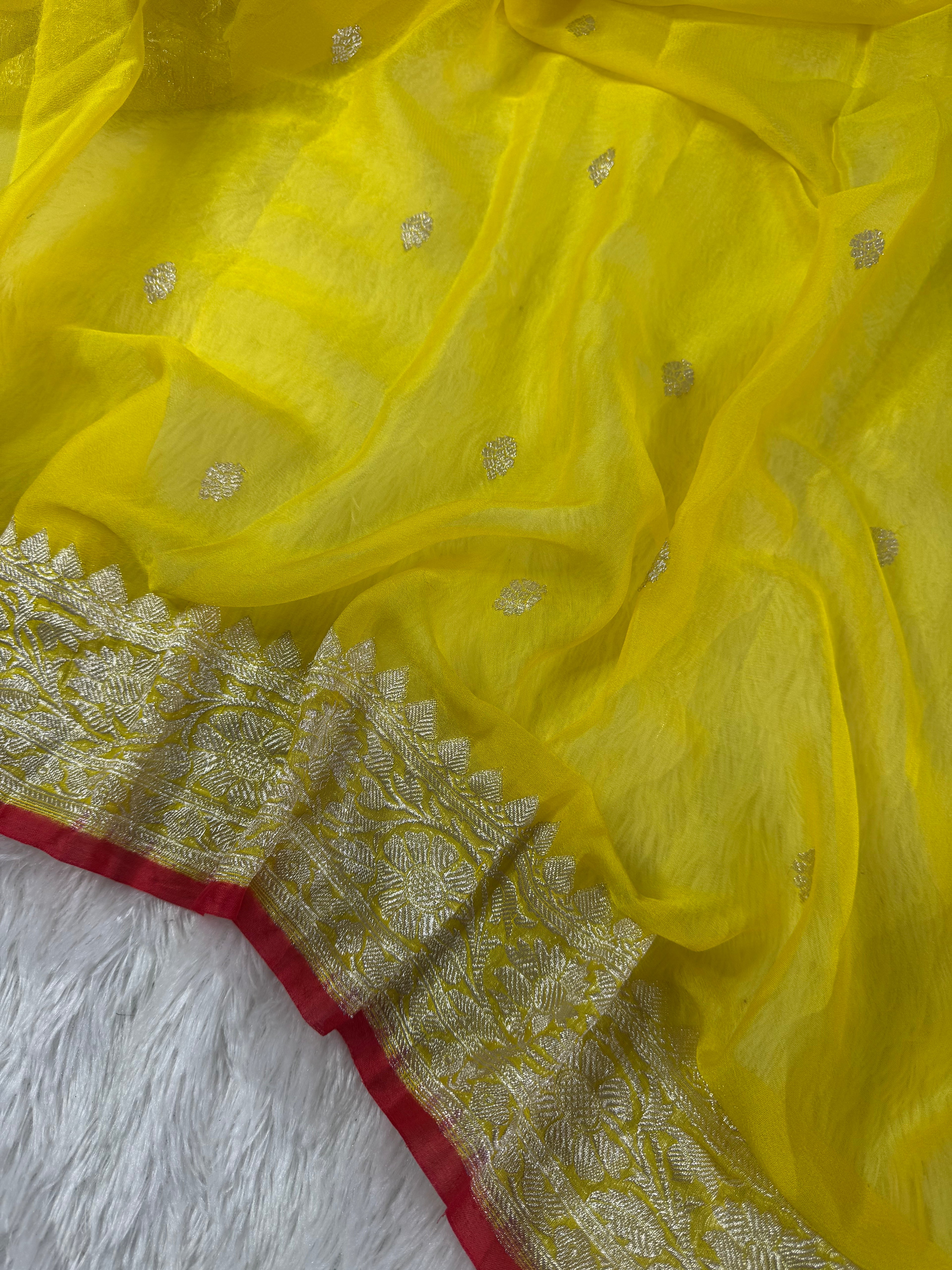 Yellow With Redish Piping Pure Khaddi Chiffon Silk Banarasi Saree