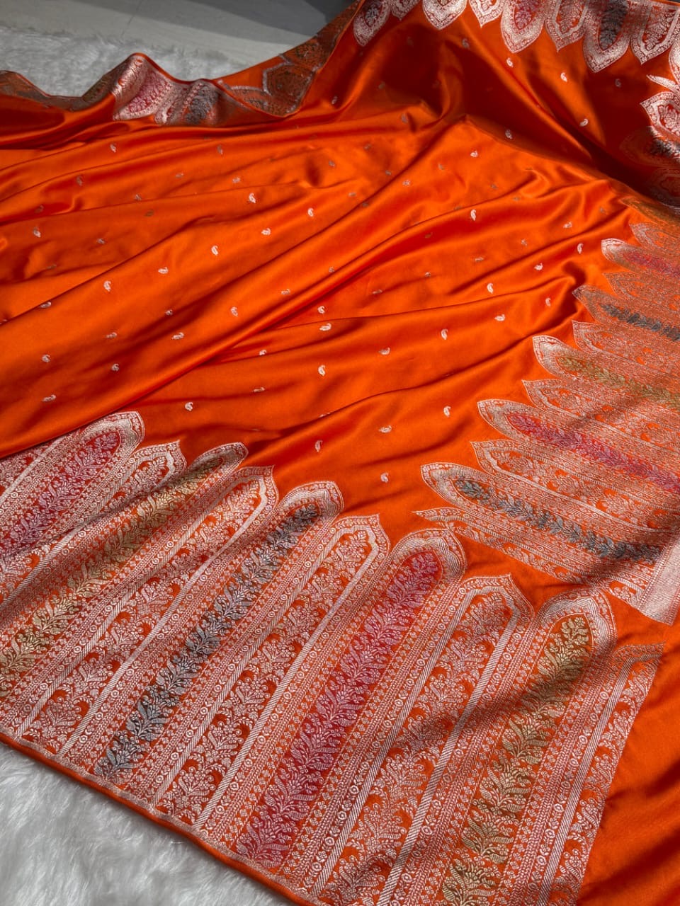 Orange Meenakri Mashru Katan Silk Banarasi Saree