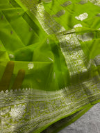 Bright Green Pure khaddi Chiffon Silk Banarasi Border Booti Saree