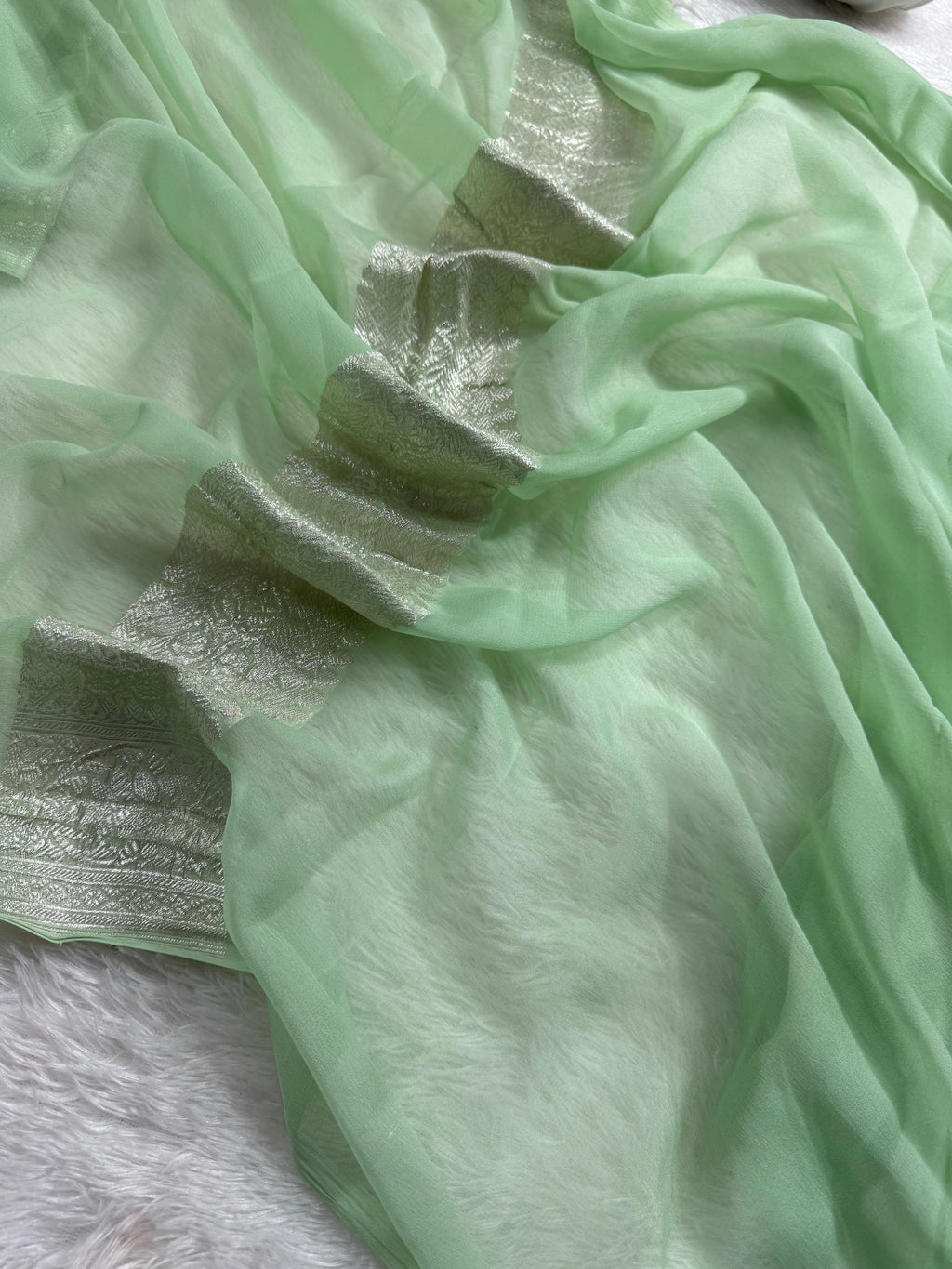 Light Pista Pure Khaddi Chiffon Silk Banarasi Saree