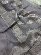 Grey Pure Khaddi Chiffon Silk Banarasi Saree