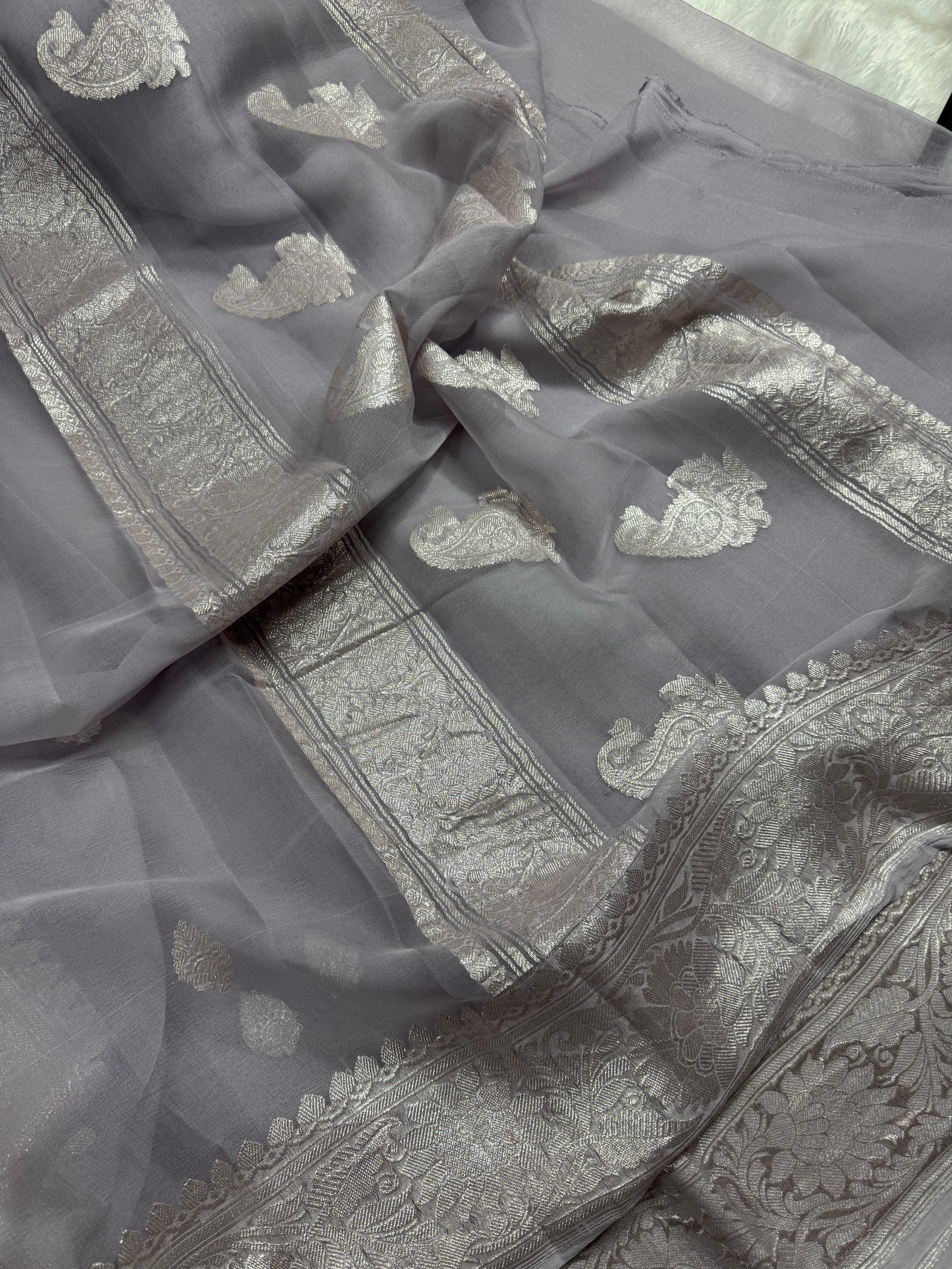 Grey Pure Khaddi Chiffon Silk Banarasi Saree