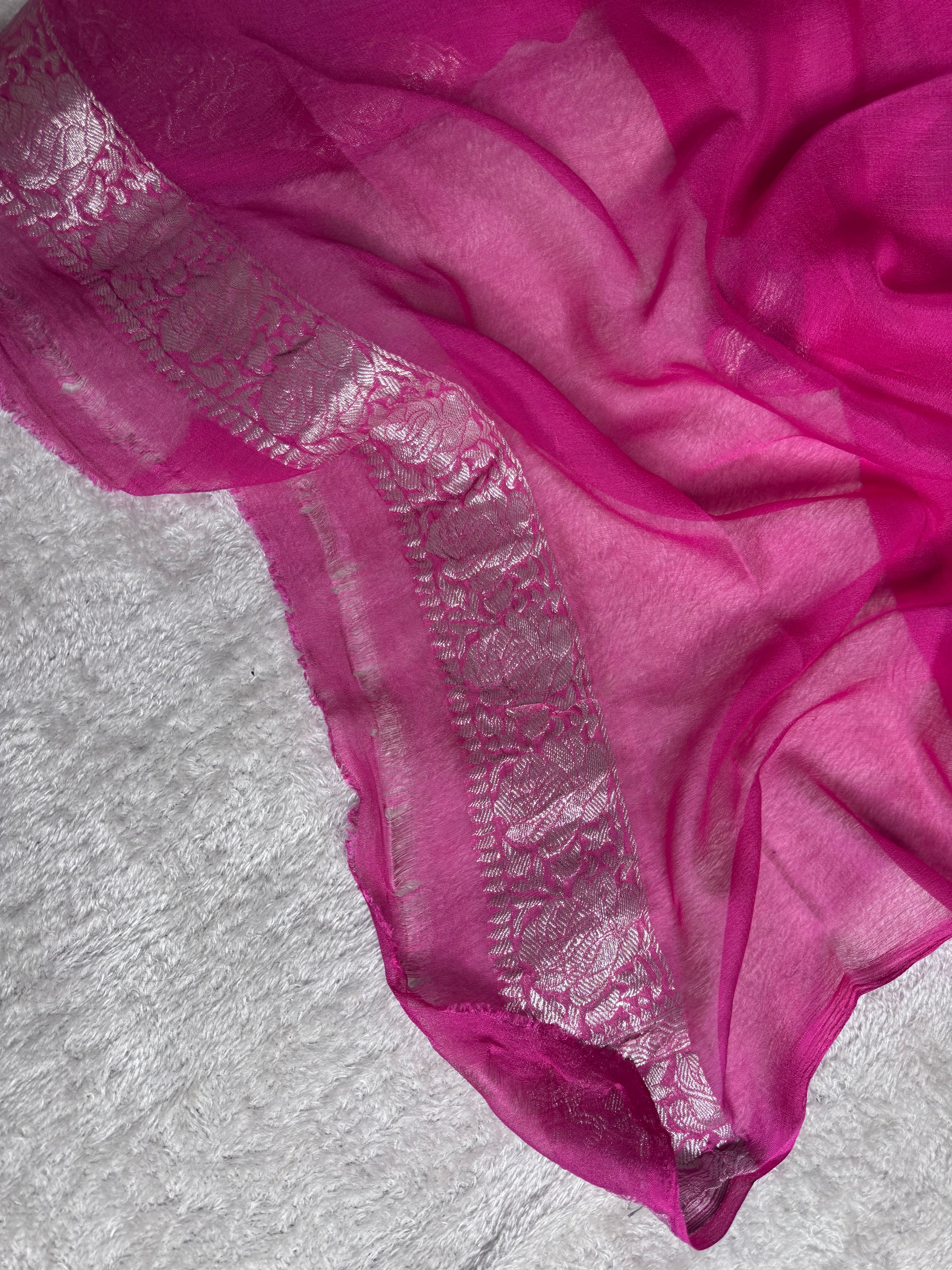 Rani Pink Pure Khaddi Chiffon Silk Banarasi Saree