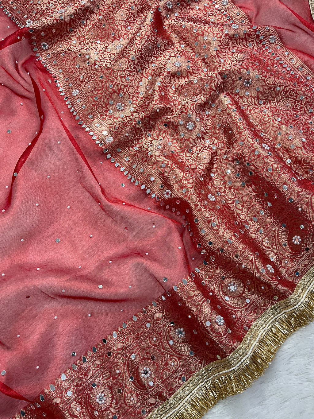 Red Tissue Silk Saree With Mirror & Pearl Work & Designer Lace Border