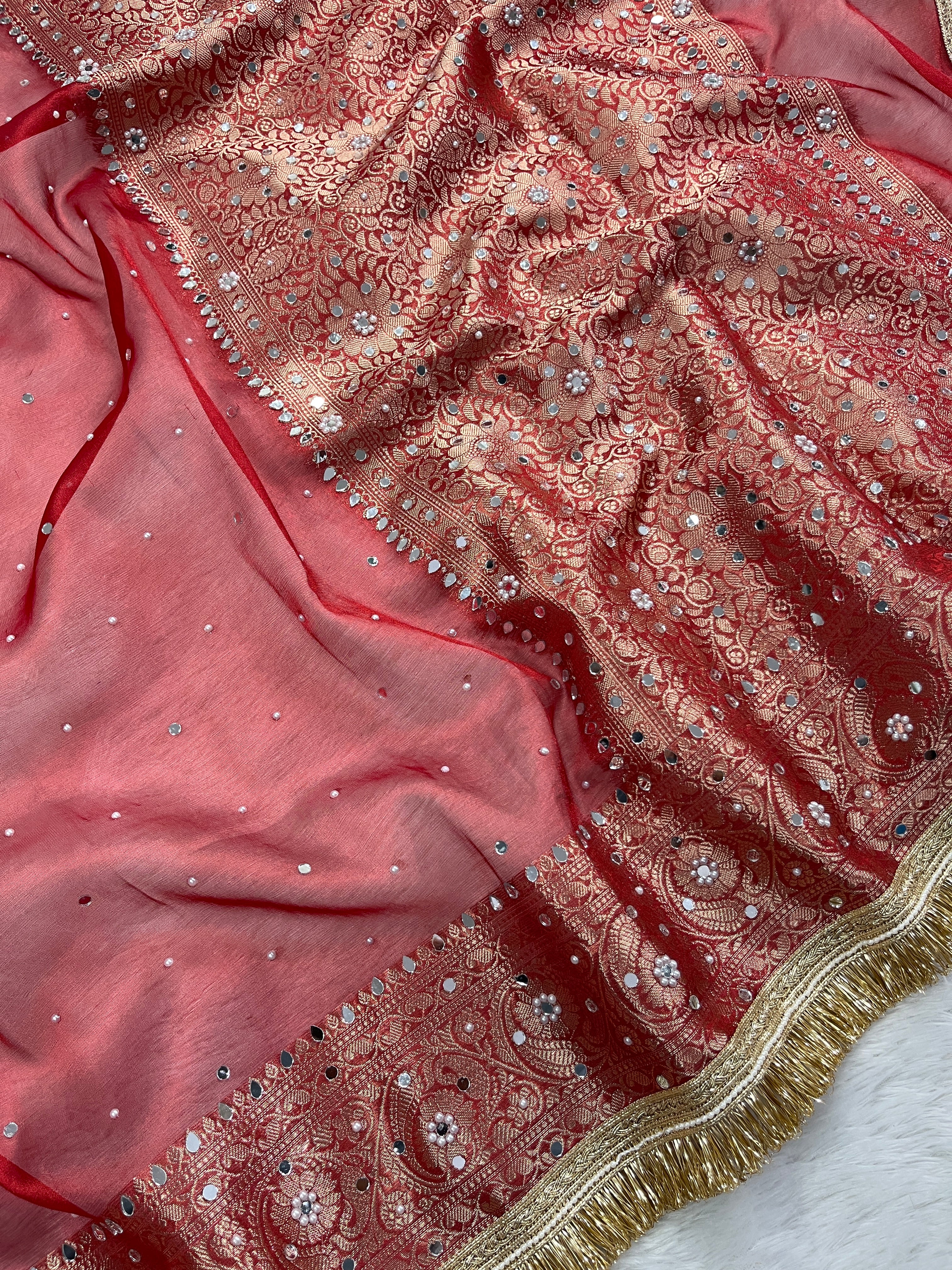 Red Tissue Silk Saree With Mirror & Pearl Work & Designer Lace Border