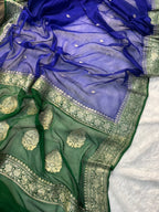 Royal Blue & Green Pure Khaddi Chiffon Silk Banarasi Saree
