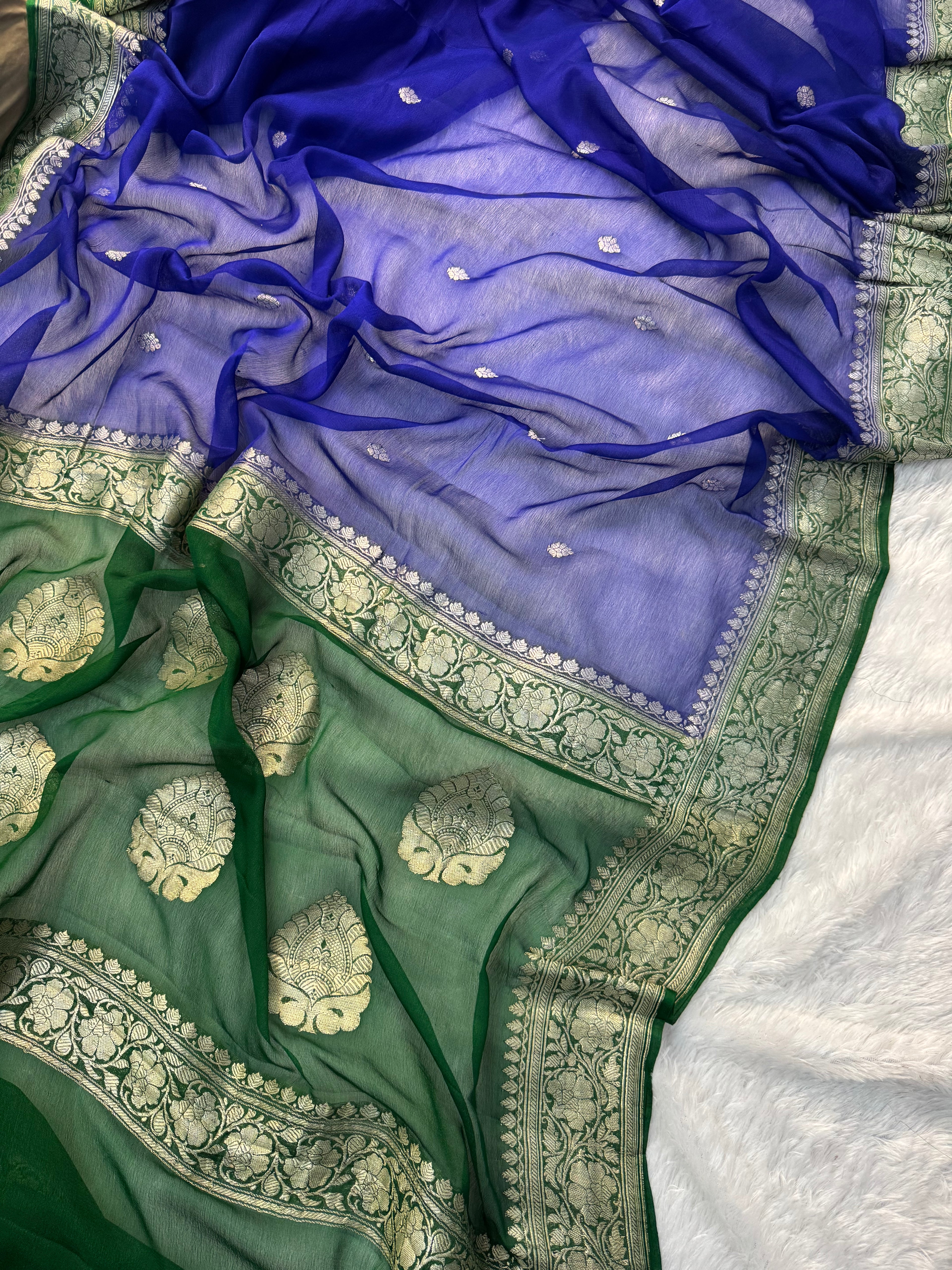 Royal Blue & Green Pure Khaddi Chiffon Silk Banarasi Saree