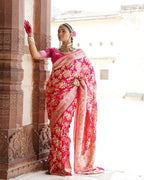 Rani Pink With Handbrush Pure Khaddi Georgette Silk Banarasi Saree