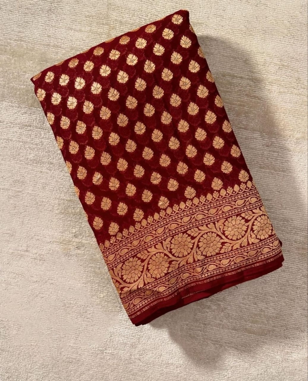 Deep Maroon Pure Khaddi Georgette Silk Banarasi Booti Saree