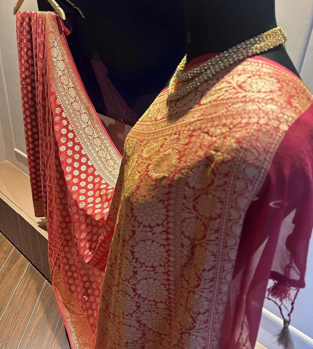 Deep Maroon Pure Khaddi Georgette Silk Banarasi Booti Saree