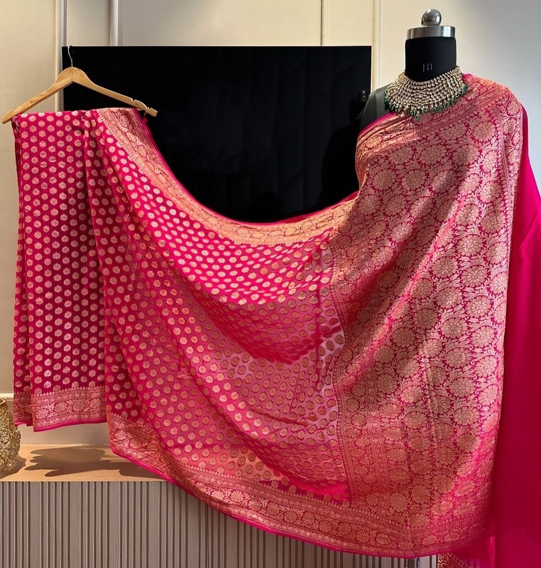 Rani Pink Pure Khaddi Georgette Silk Banarasi Booti Saree