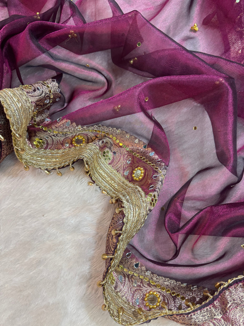 Wine Tissue Silk Banarasi Saree With Ghungroo & Mirror Work Designer Border Lace Saree