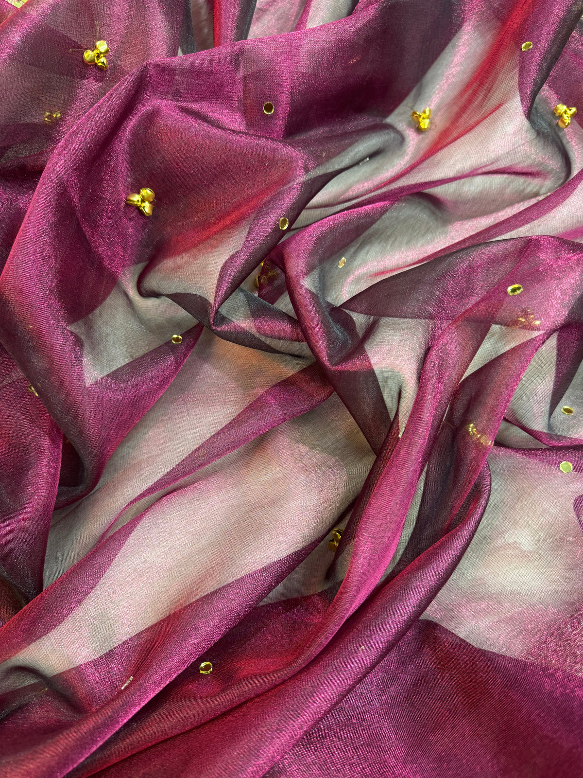 Wine Tissue Silk Banarasi Saree With Ghungroo & Mirror Work Designer Border Lace Saree