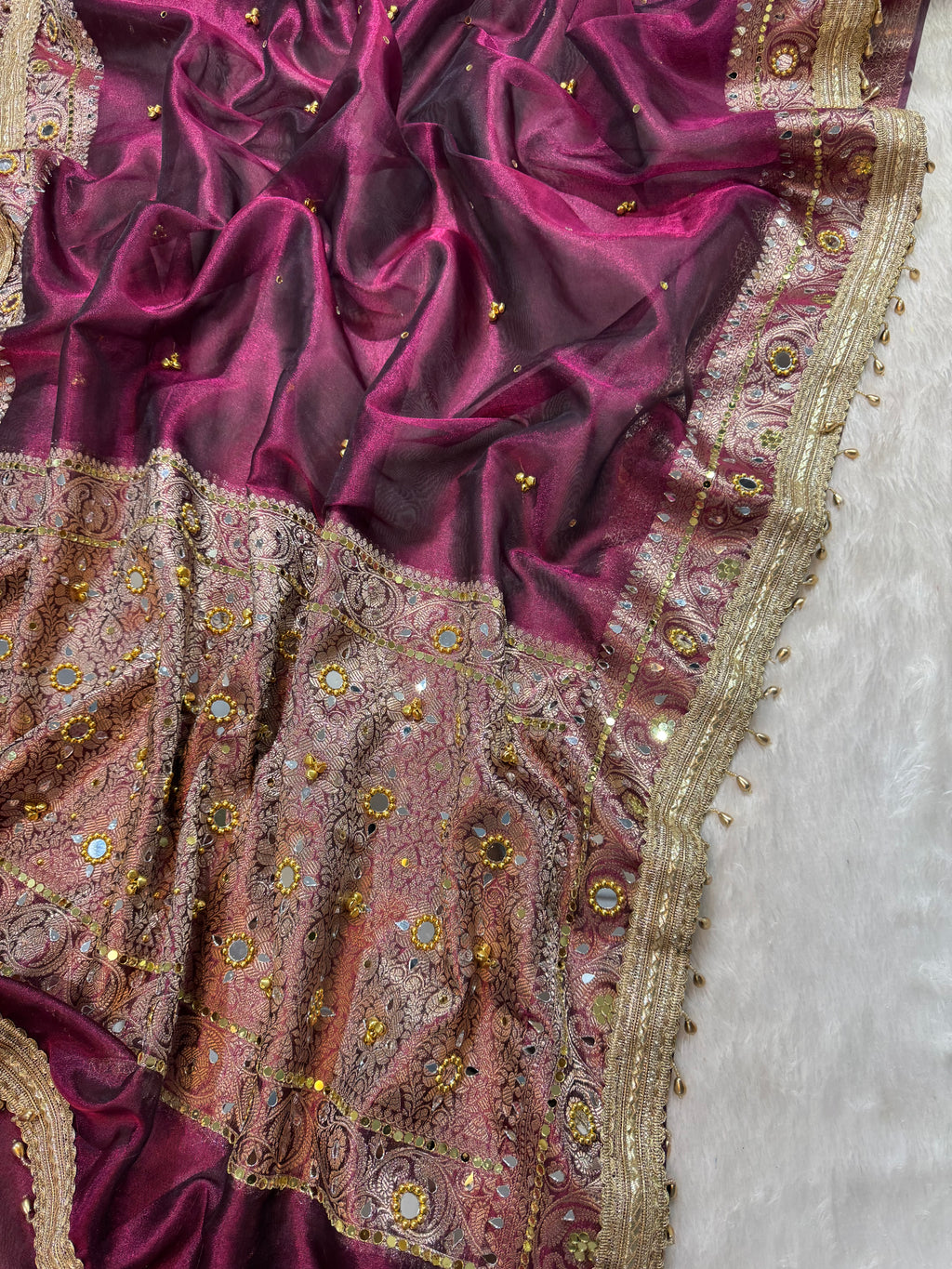 Wine Tissue Silk Banarasi Saree With Ghungroo & Mirror Work Designer Border Lace Saree