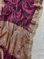 Wine Tissue Silk Banarasi Saree With Ghungroo & Mirror Work Designer Border Lace Saree