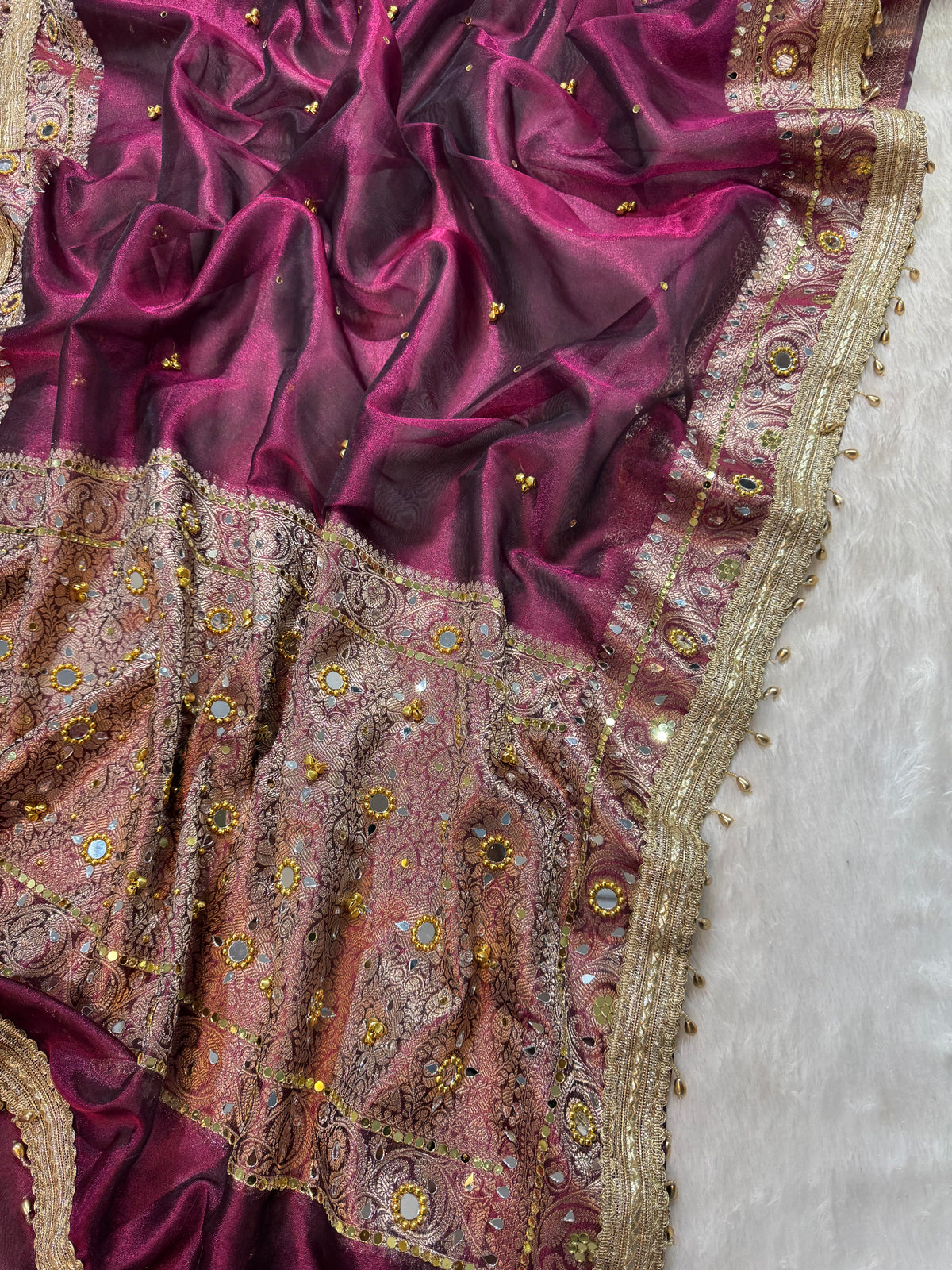Wine Tissue Silk Banarasi Saree With Ghungroo & Mirror Work Designer Border Lace Saree