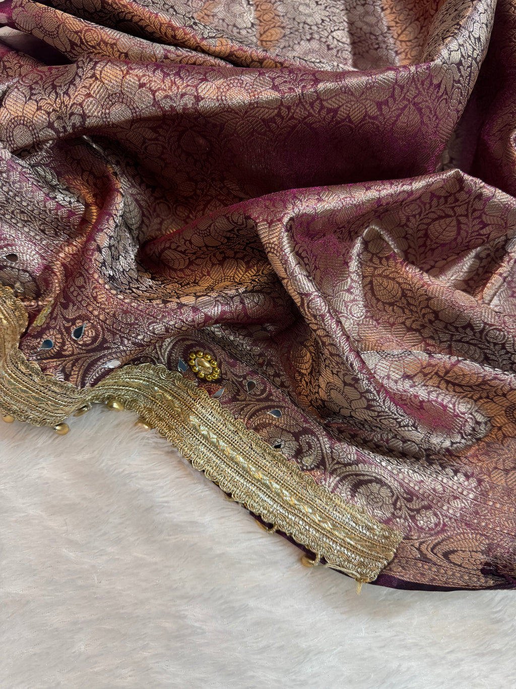 Wine Tissue Silk Banarasi Saree With Ghungroo & Mirror Work Designer Border Lace Saree