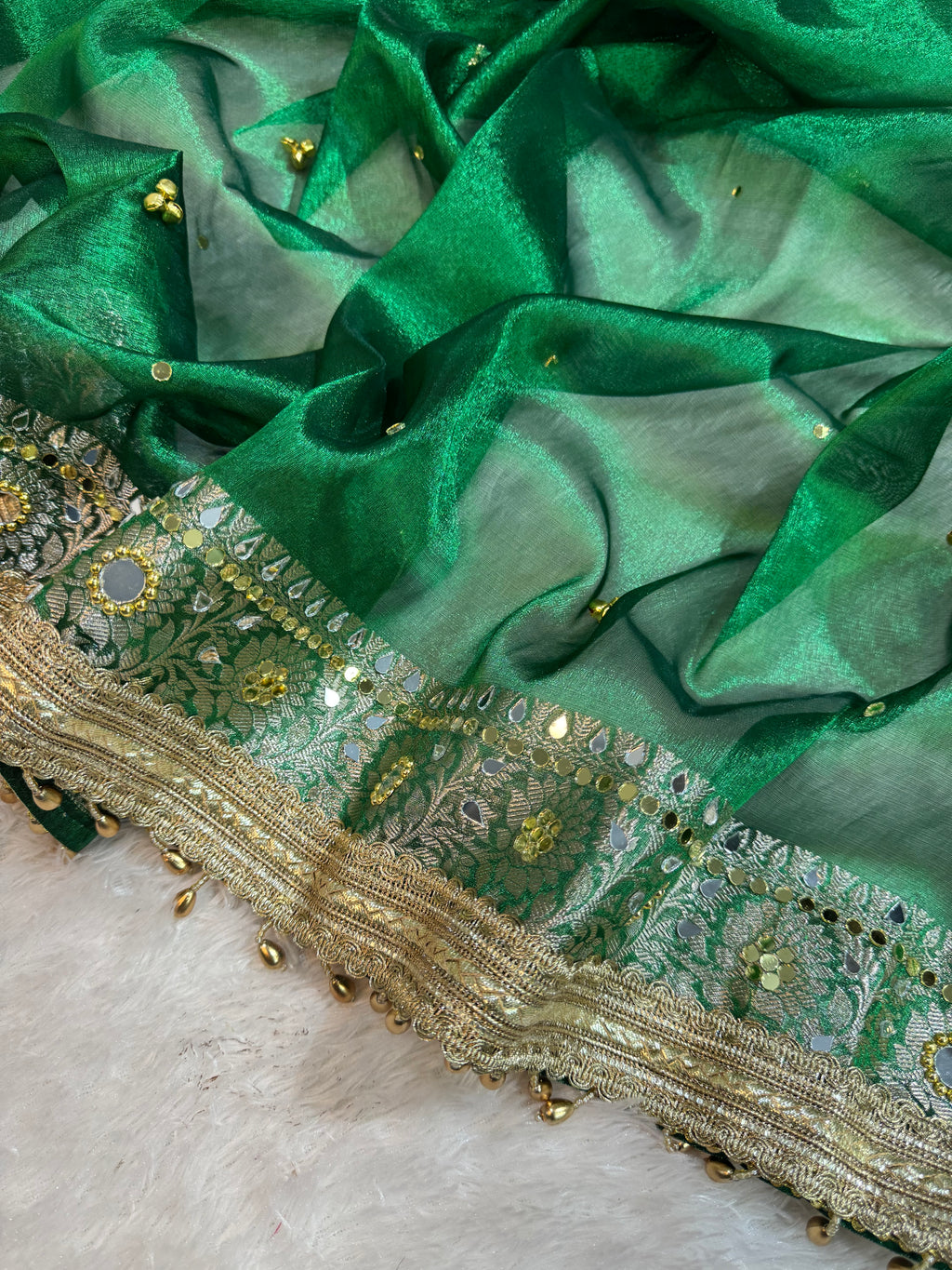 Green Tissue Silk Banarasi Saree With Ghungroo & Mirror Work Designer Border Lace Saree