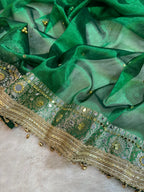 Green Tissue Silk Banarasi Saree With Ghungroo & Mirror Work Designer Border Lace Saree