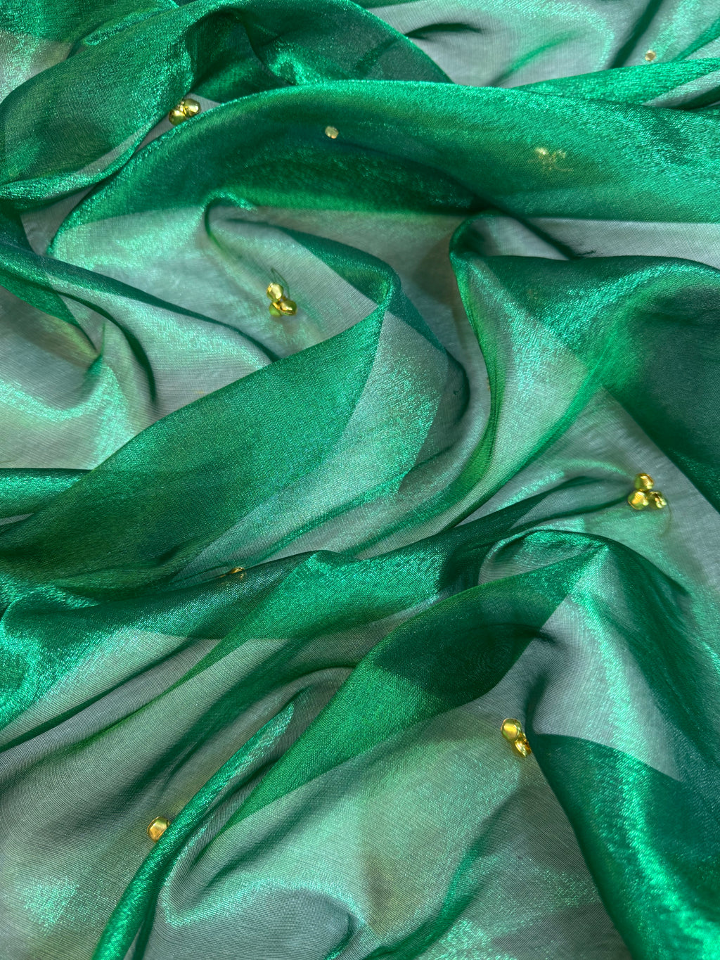 Green Tissue Silk Banarasi Saree With Ghungroo & Mirror Work Designer Border Lace Saree