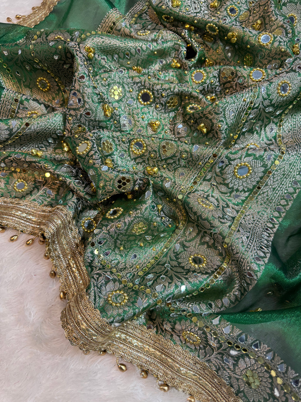 Green Tissue Silk Banarasi Saree With Ghungroo & Mirror Work Designer Border Lace Saree