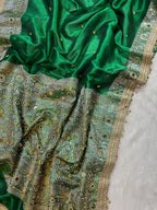 Green Tissue Silk Banarasi Saree With Ghungroo & Mirror Work Designer Border Lace Saree