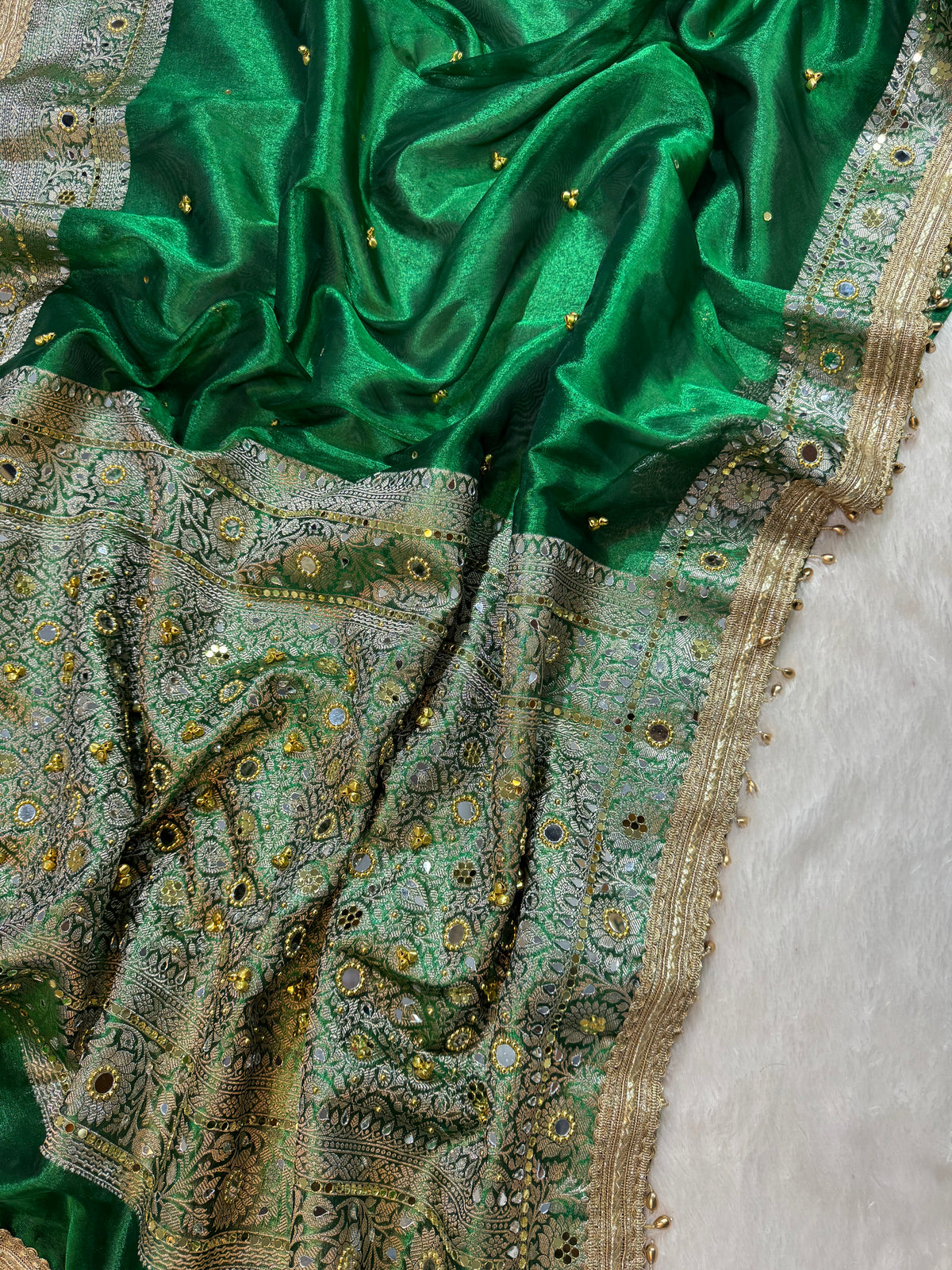 Green Tissue Silk Banarasi Saree With Ghungroo & Mirror Work Designer Border Lace Saree