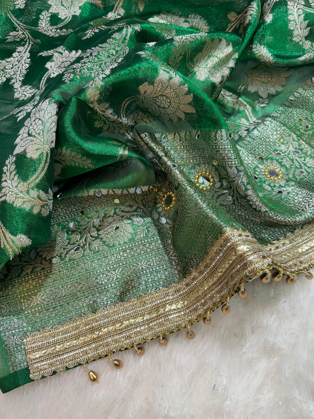 Green Tissue Silk Banarasi Saree With Ghungroo & Mirror Work Designer Border Lace Saree