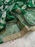 Green Tissue Silk Banarasi Saree With Ghungroo & Mirror Work Designer Border Lace Saree