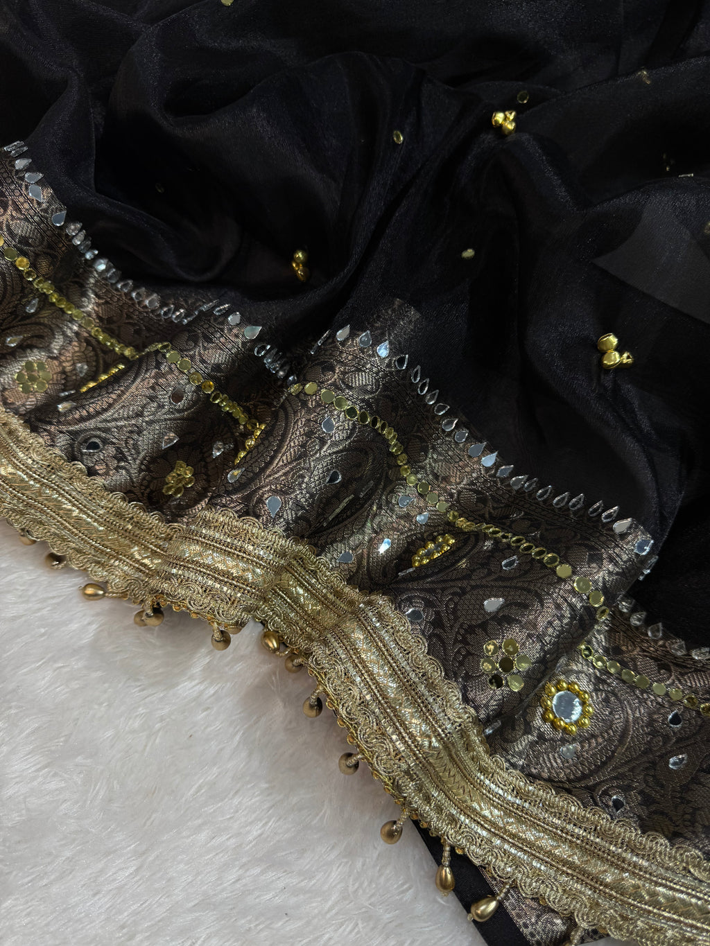 Black Tissue Silk Banarasi Saree With Ghungroo & Mirror Work Designer Border Lace Saree