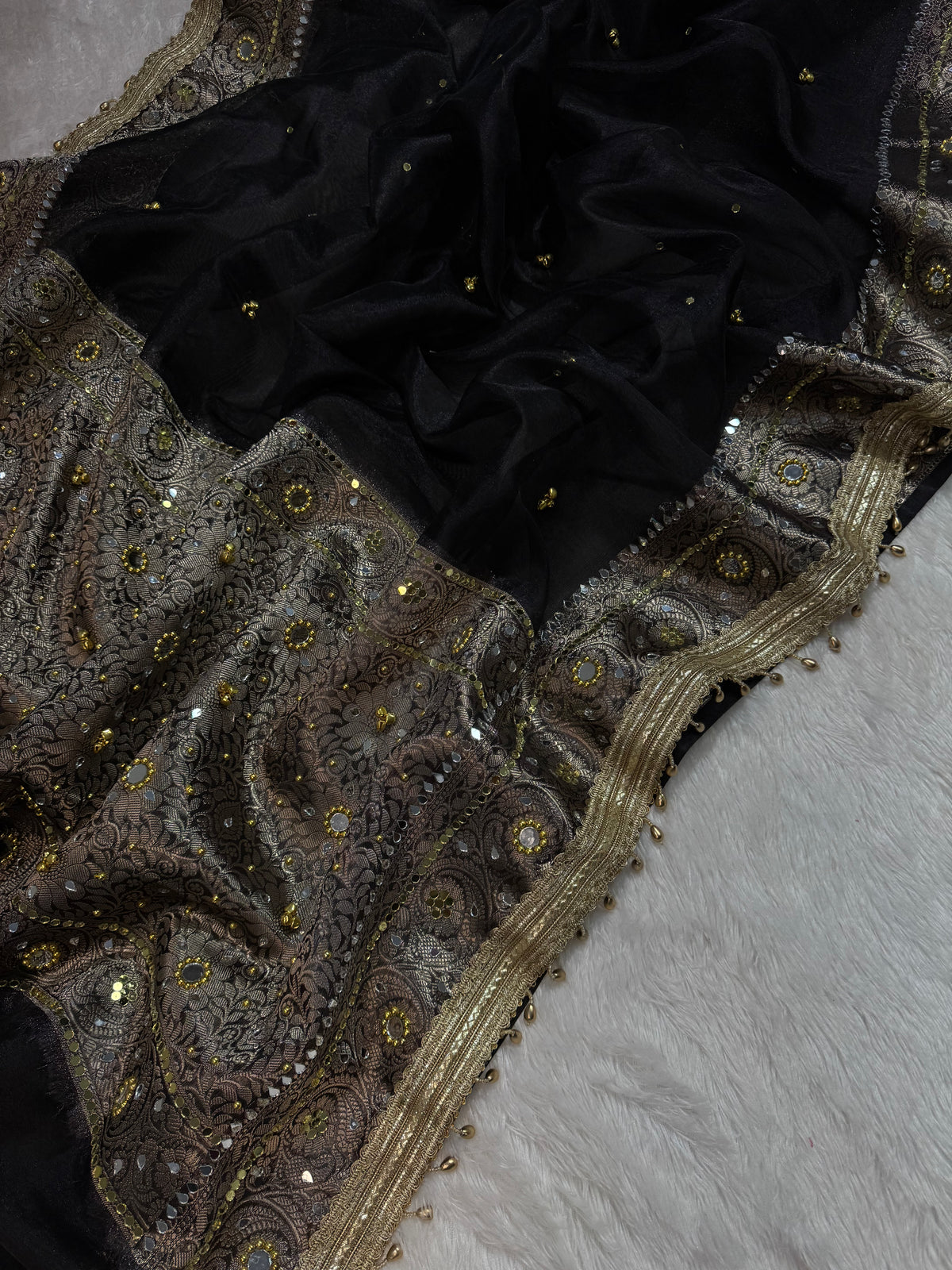 Black Tissue Silk Banarasi Saree With Ghungroo & Mirror Work Designer Border Lace Saree
