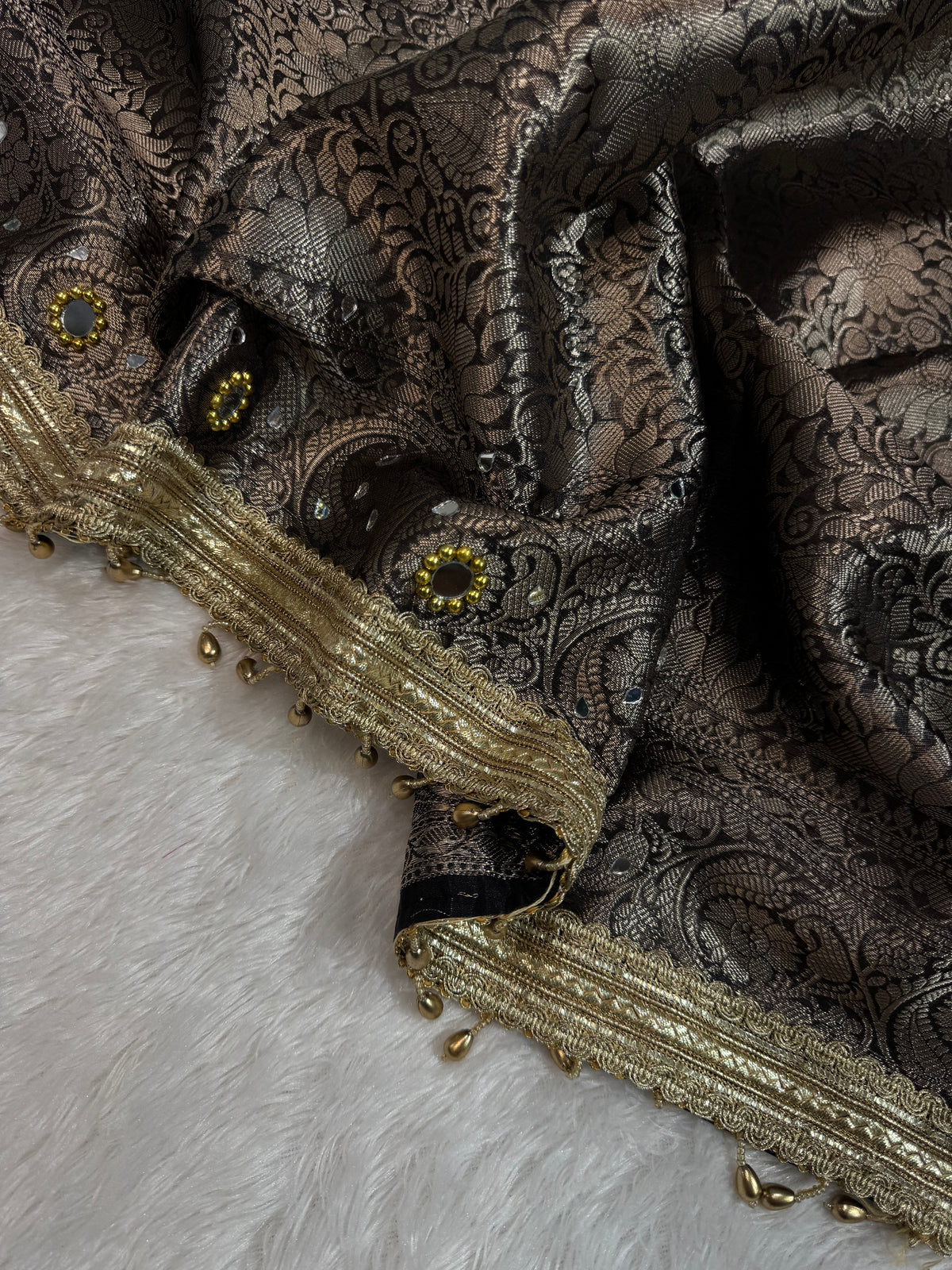 Black Tissue Silk Banarasi Saree With Ghungroo & Mirror Work Designer Border Lace Saree