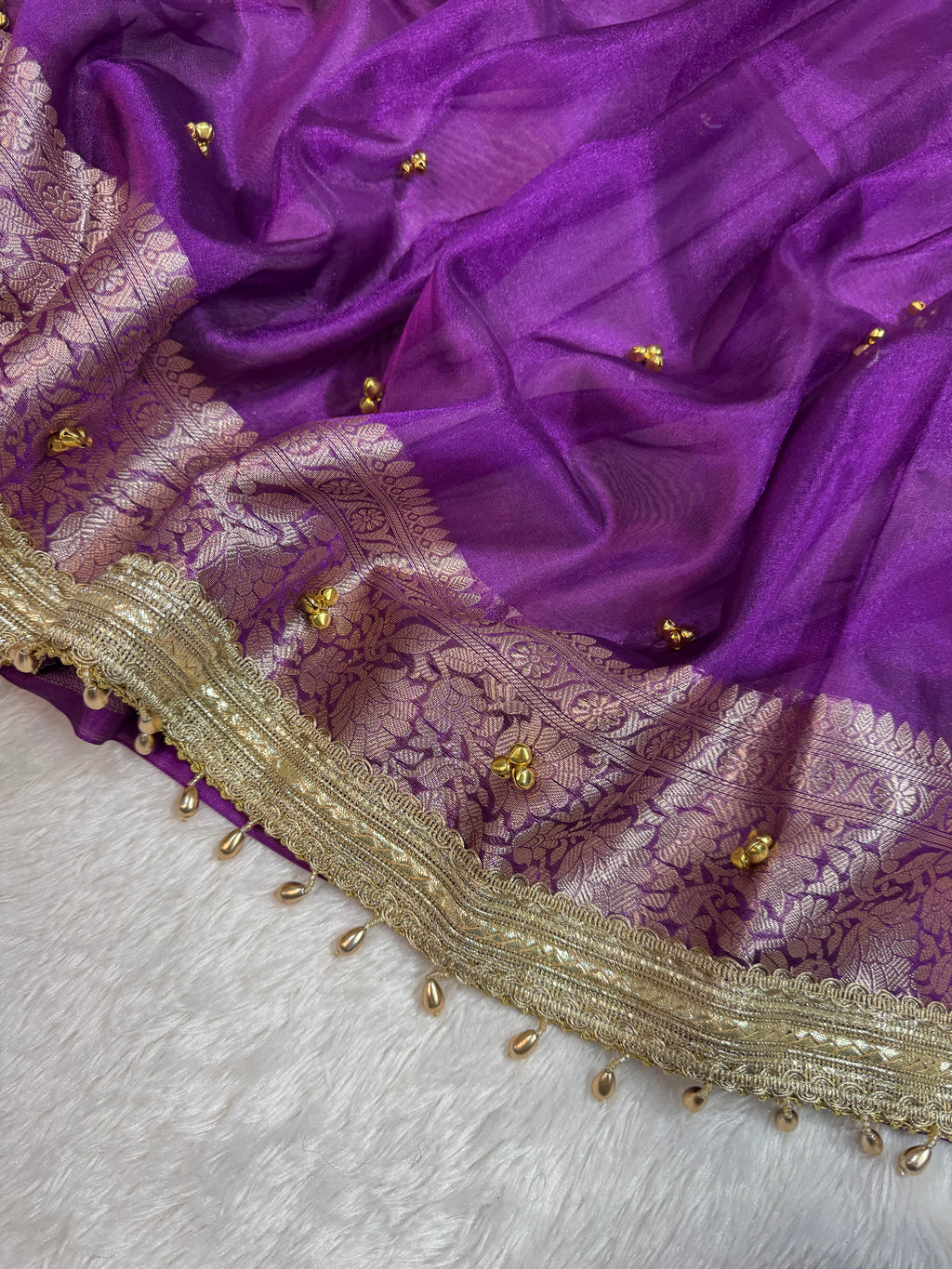 Purple Tissue Silk Saree With Golden Ghungroo Butti Work & Luxury Lace Border