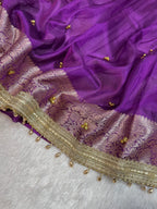 Purple Tissue Silk Saree With Golden Ghungroo Butti Work & Luxury Lace Border