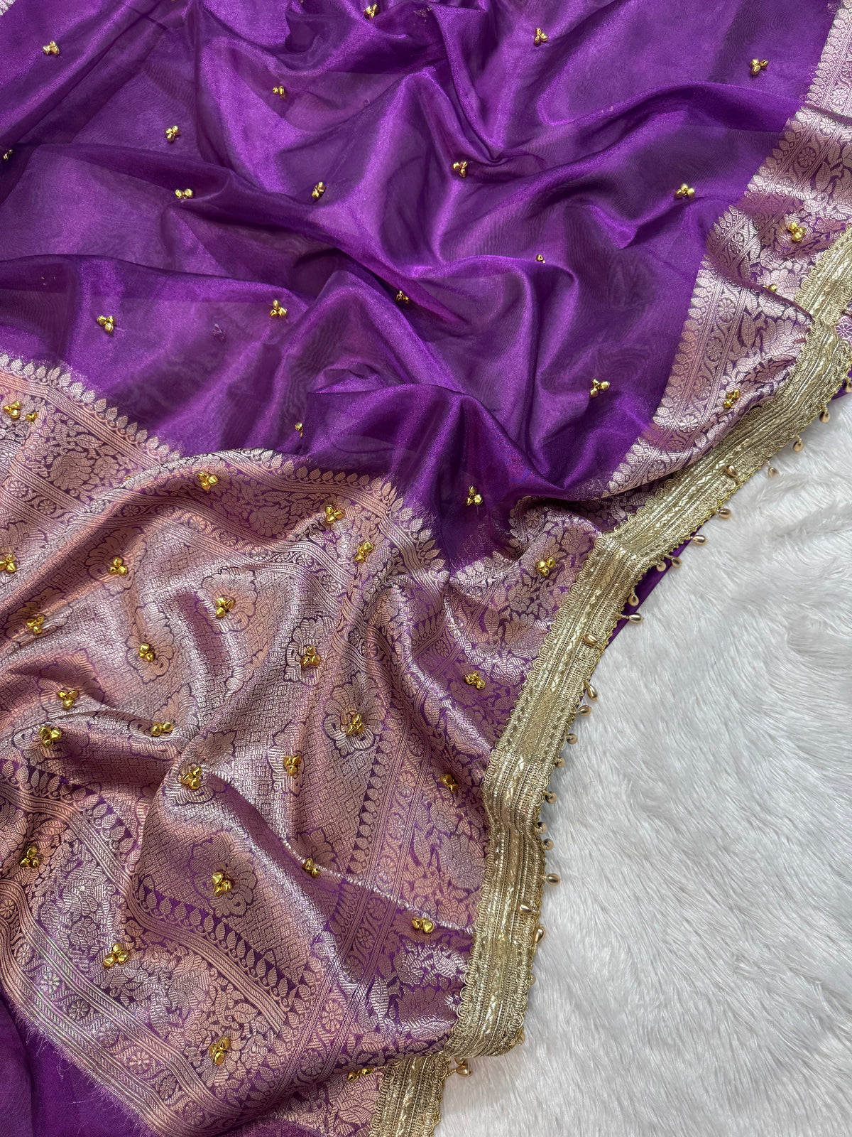 Purple Tissue Silk Saree With Golden Ghungroo Butti Work & Luxury Lace Border